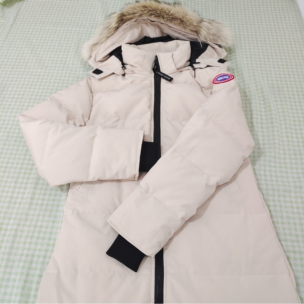 Canada Goose Beige Long Down Parka with Fur Trim Hood